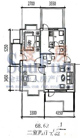 卓越平方2室2厅1卫68.6㎡户型图