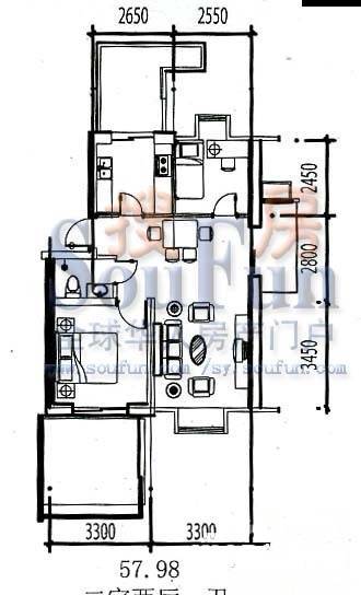 卓越平方2室2厅1卫68.6㎡户型图