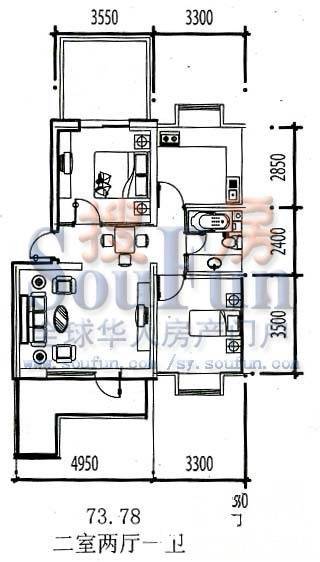 卓越平方2室2厅1卫68.6㎡户型图