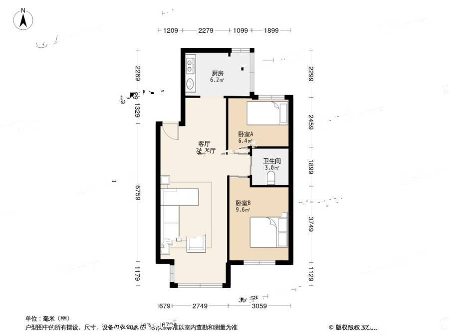 滨河湾小区二期2室2厅1卫89㎡户型图