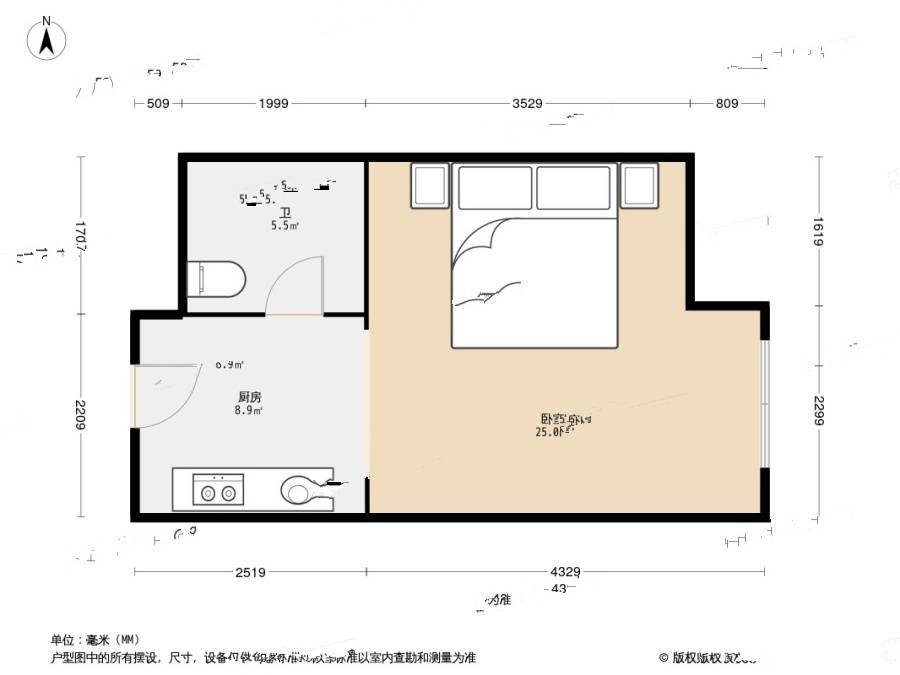 和泓尚品1室0厅1卫39㎡户型图