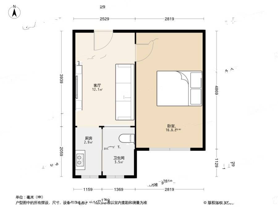 华城社区1室1厅1卫39.4㎡户型图