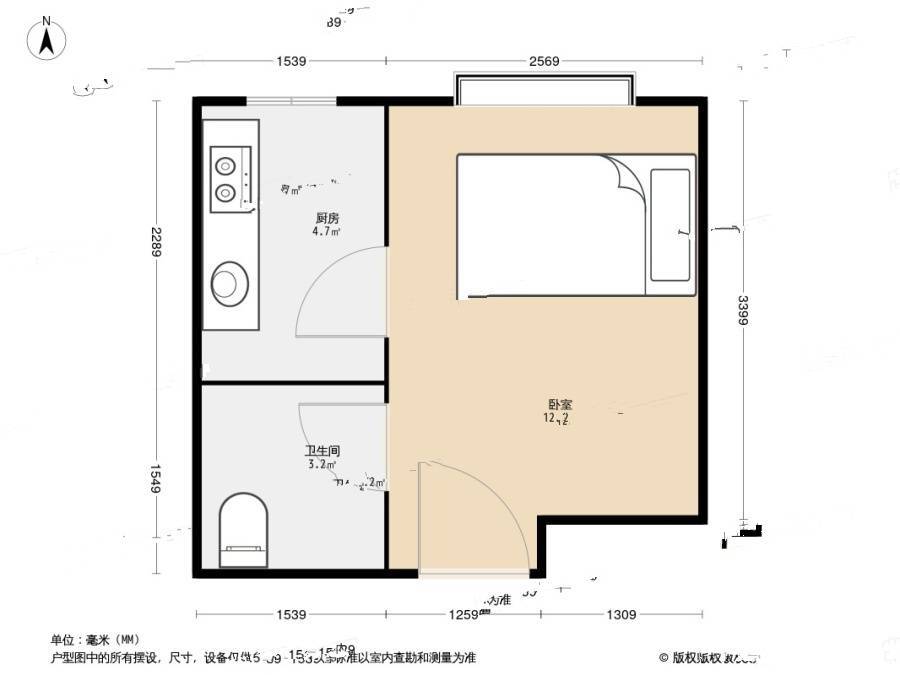 紫郡城1室0厅1卫27㎡户型图