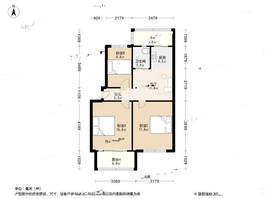 文萃小区3室1厅1卫79.5㎡户型图