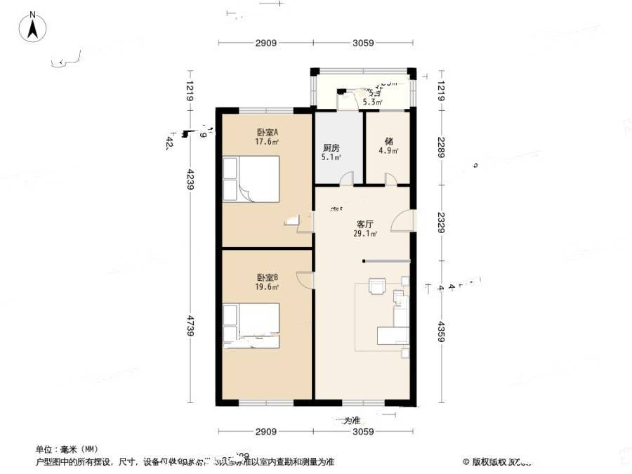 青年社区3室1厅1卫79.8㎡户型图