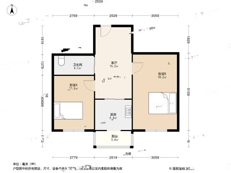 世代尊龙苑2室1厅1卫66.2㎡户型图