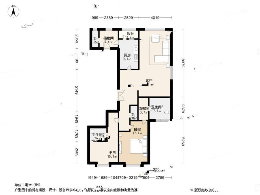 奥体万达广场2室2厅3卫182.1㎡户型图