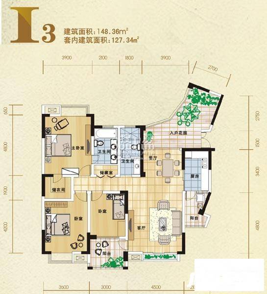 美好家园别墅3室2厅2卫148.4㎡户型图