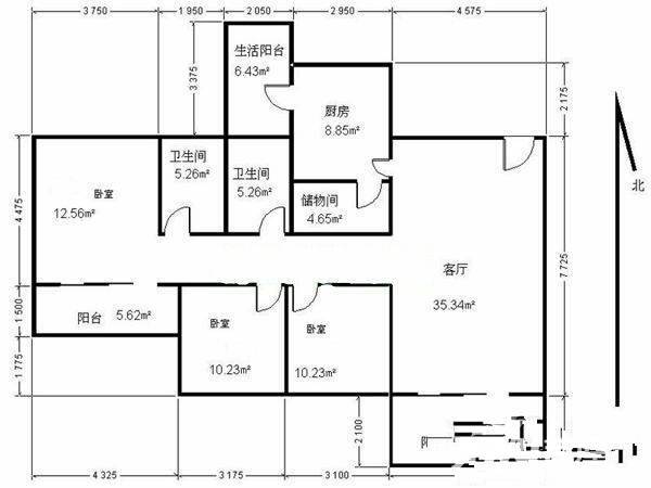 蛟龙银座3室2厅2卫120㎡户型图