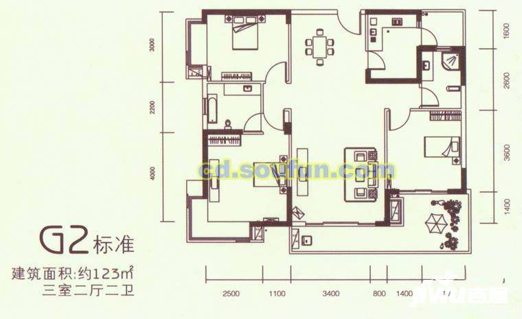 锦绣华都3室2厅2卫123㎡户型图