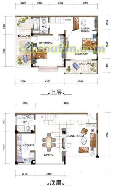 中航云岭高尔夫别墅2室2厅2卫66.8㎡户型图