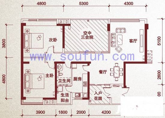 天府长城嘉南地2室2厅1卫113.6㎡户型图