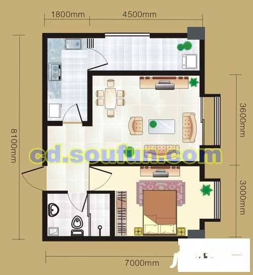 鸿阁一号1室1厅1卫64.1㎡户型图