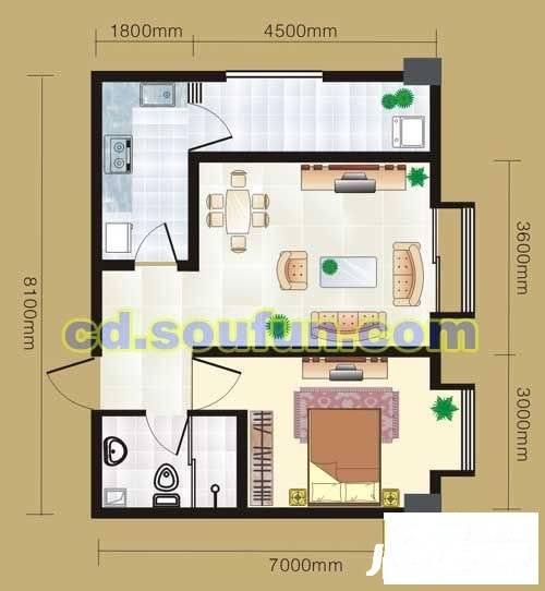 会龙小区1室1厅1卫52㎡户型图