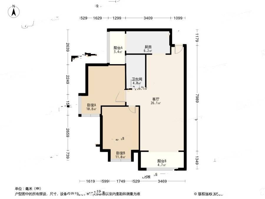 中铁瑞景茗城二期2室1厅1卫88.4㎡户型图