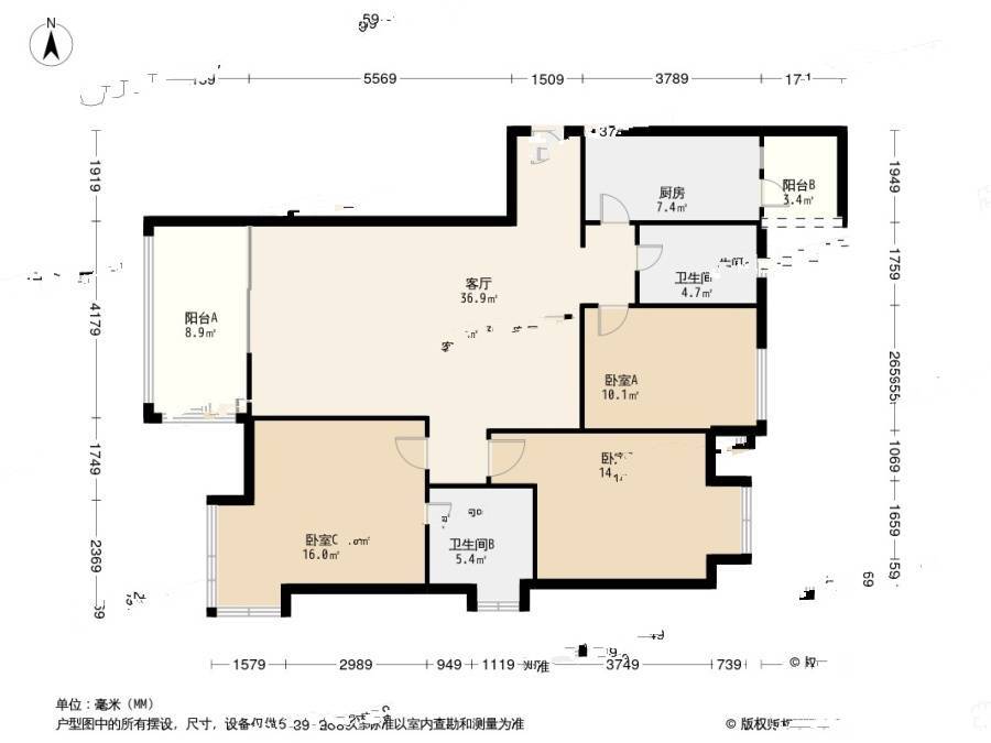 中铁瑞景茗城二期3室2厅2卫116㎡户型图