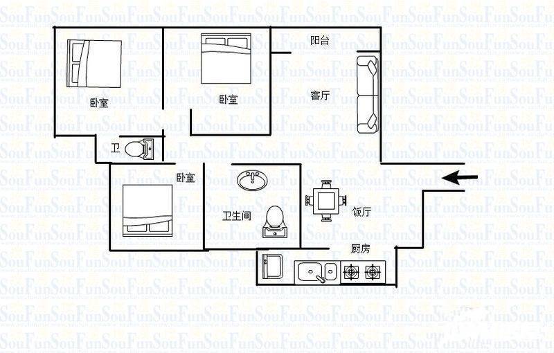 融汇温泉城B区3室2厅2卫108㎡户型图