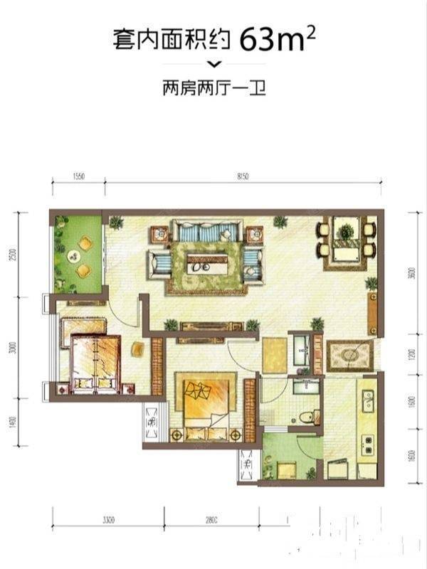 龙湖U城星座2室2厅1卫47㎡户型图