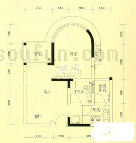 华宇西城丽景A区1室2厅1卫36.4㎡户型图