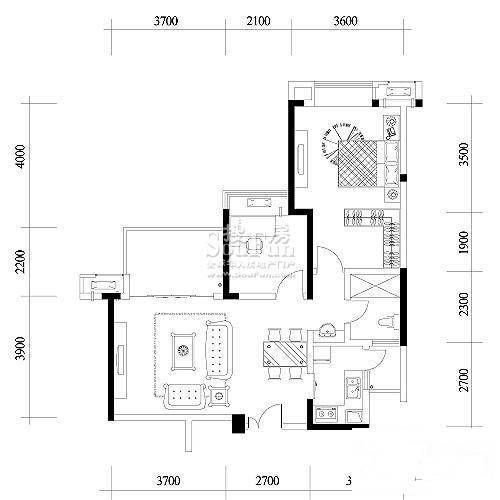 融汇温泉城A区2室2厅1卫67㎡户型图