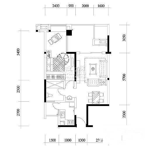 融汇温泉城A区1室1厅1卫58㎡户型图