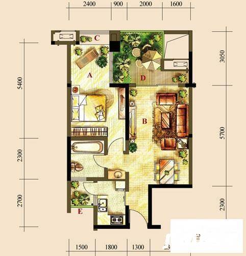 融汇温泉城A区1室1厅1卫56㎡户型图