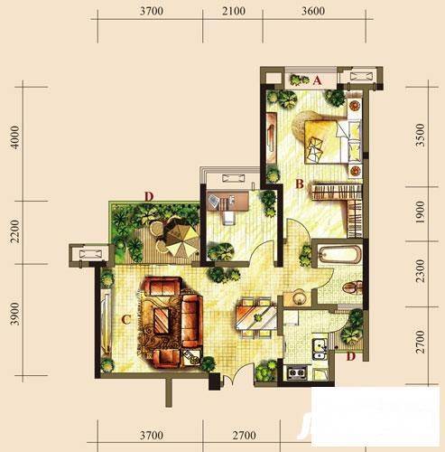 融汇温泉城A区2室2厅1卫67㎡户型图