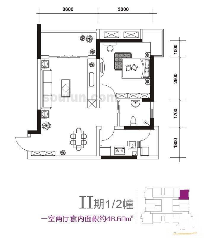 国瑞城1室2厅1卫48.6㎡户型图