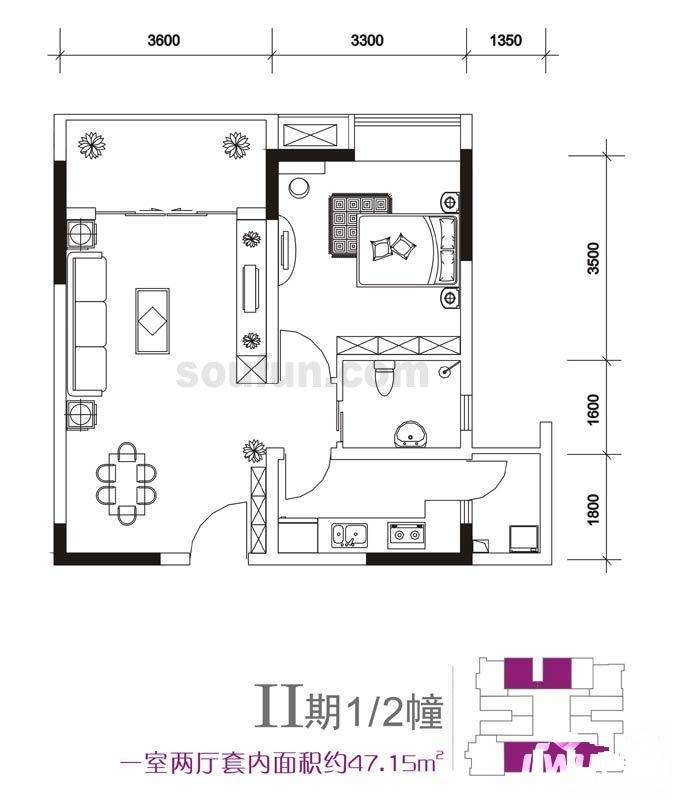 国瑞城1室2厅1卫47.1㎡户型图