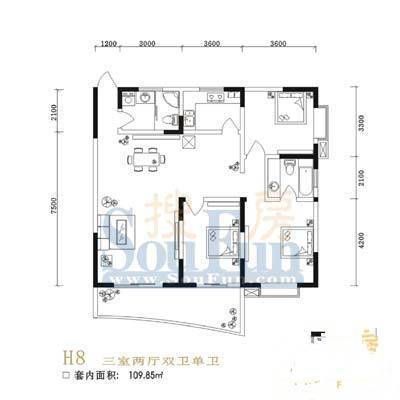 金色世纪白金宫3室2厅2卫109.8㎡户型图