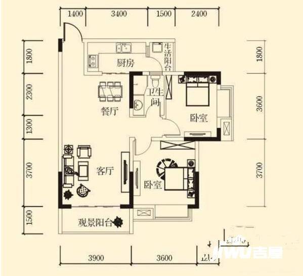 大渡口竹园小区2室1厅1卫80㎡户型图