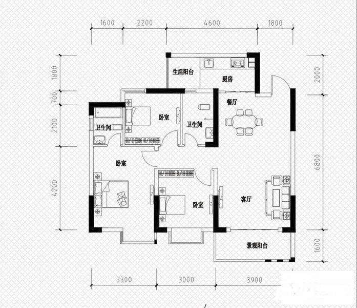 恒鑫名城3室2厅2卫107㎡户型图