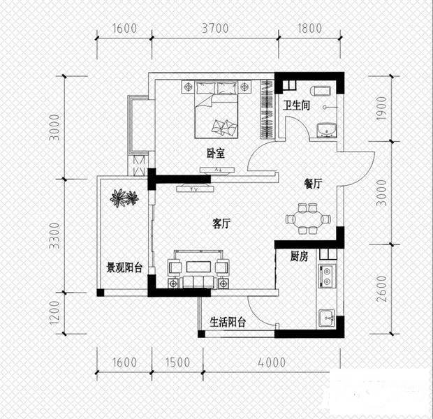 恒鑫名城1室2厅1卫50.5㎡户型图