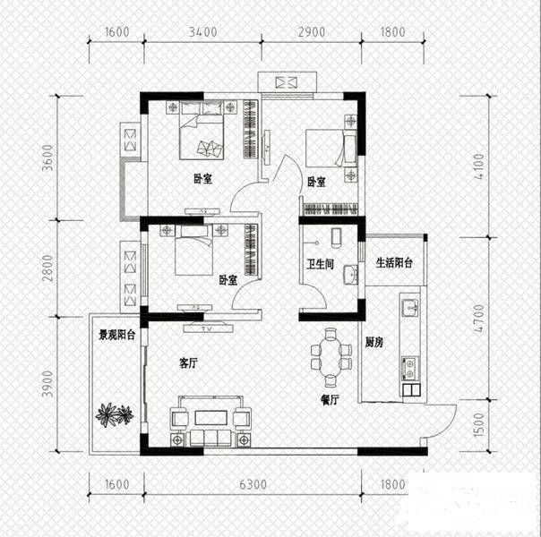 恒鑫名城3室2厅1卫95.3㎡户型图