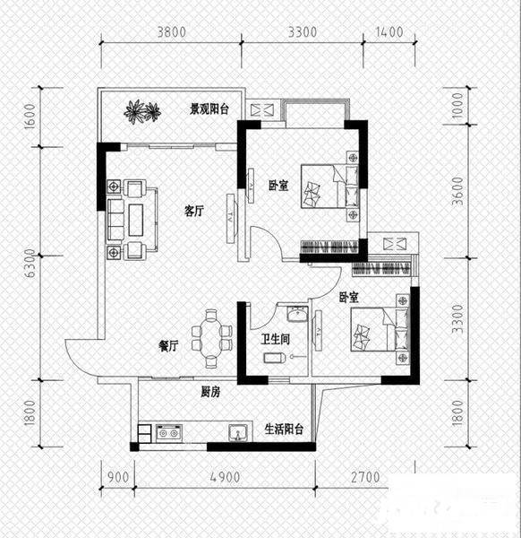 恒鑫名城2室2厅1卫75.8㎡户型图