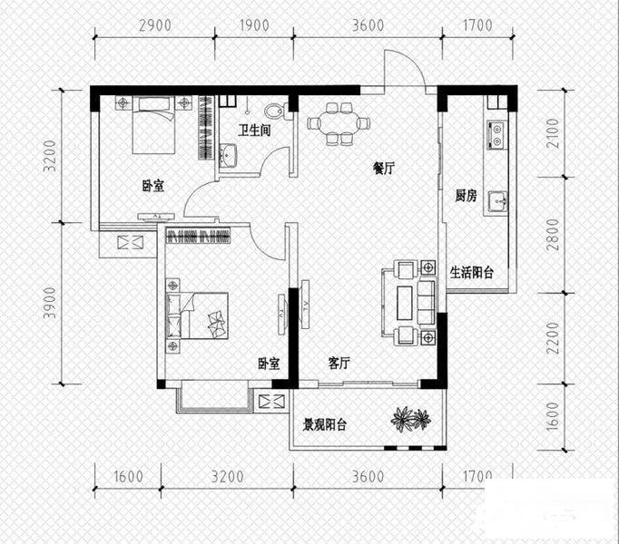 恒鑫名城2室2厅1卫77.7㎡户型图