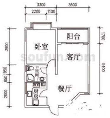 二朗美好星空1室2厅1卫52㎡户型图