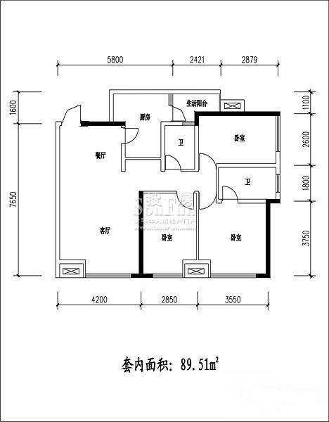 奇峰清华源三期2室2厅2卫89.5㎡户型图