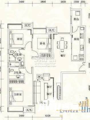 富力城二期3室2厅1卫101㎡户型图