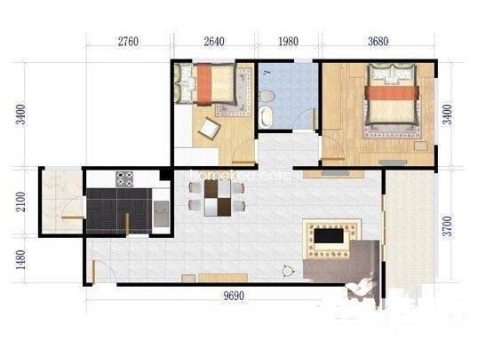 双碑前进坡社区2室1厅1卫64㎡户型图