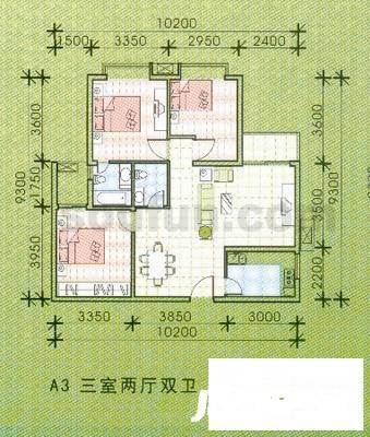 会山康城3室2厅2卫80.6㎡户型图