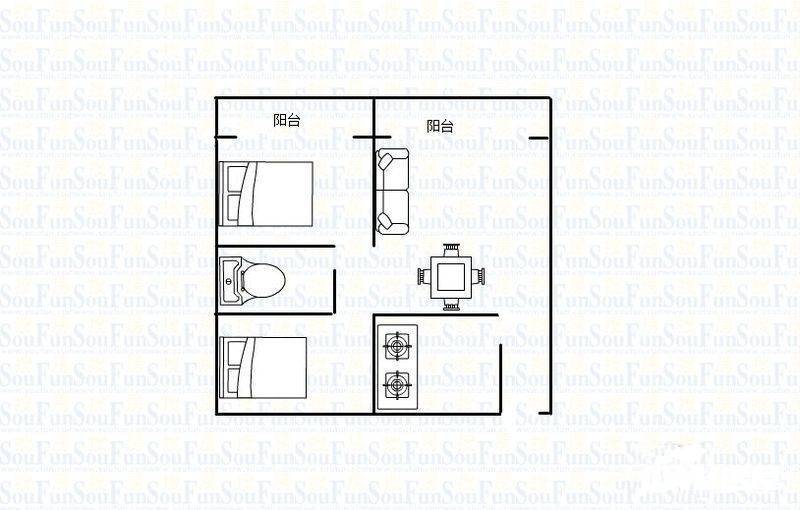 奇峰清华源二期2室1厅1卫42㎡户型图