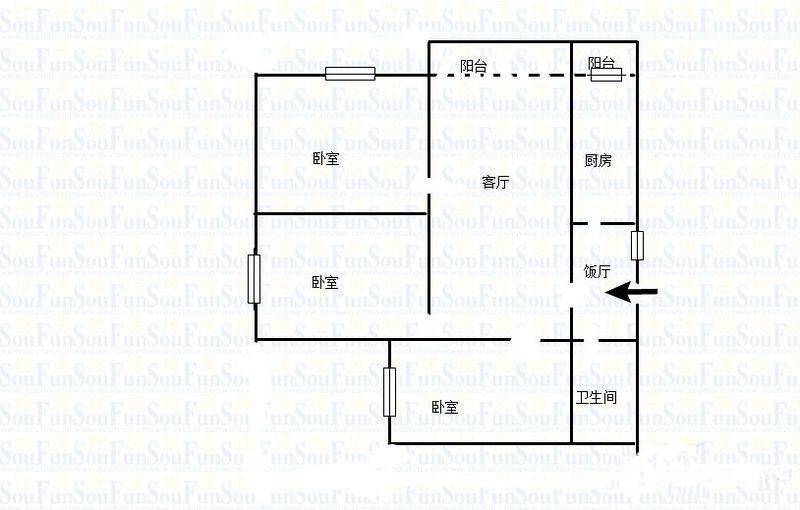 钢铁设计院宿舍楼3室1厅1卫90㎡户型图