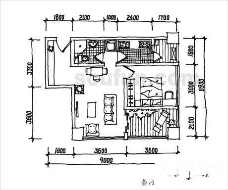 CASA卡萨国际公寓1室2厅1卫54.1㎡户型图