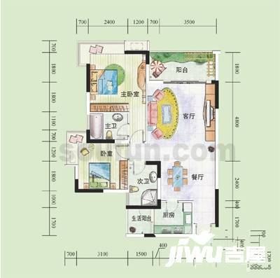 海兰云天盛世华城北区2室2厅2卫76.3㎡户型图