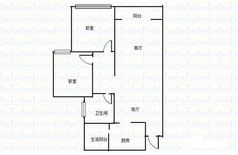 龙湖水晶郦城五组团2室2厅1卫75㎡户型图