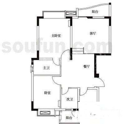 广厦城一期2室2厅2卫88㎡户型图