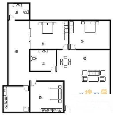 大西门3室2厅2卫109㎡户型图