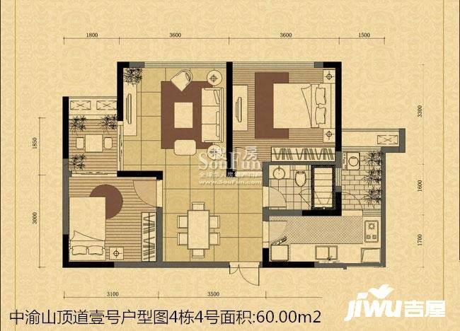 中渝山顶道壹号2室1厅1卫60㎡户型图