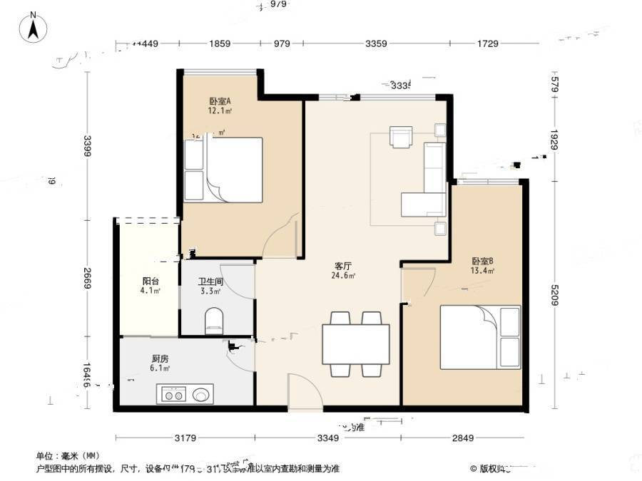 金科廊桥天都2室1厅1卫76㎡户型图